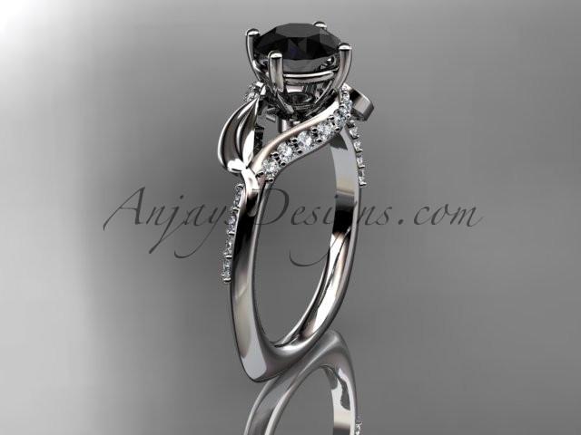 Unique Platinum diamond leaf and vine wedding ring, engagement ring with a Black Diamond center stone ADLR225 - AnjaysDesigns