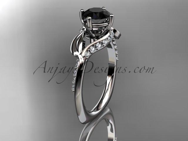 Unique 14k white gold diamond  leaf and vine wedding ring, engagement ring with a Black Diamond center stone ADLR225 - AnjaysDesigns