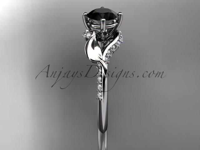 Unique Platinum diamond leaf and vine wedding ring, engagement ring with a Black Diamond center stone ADLR225 - AnjaysDesigns