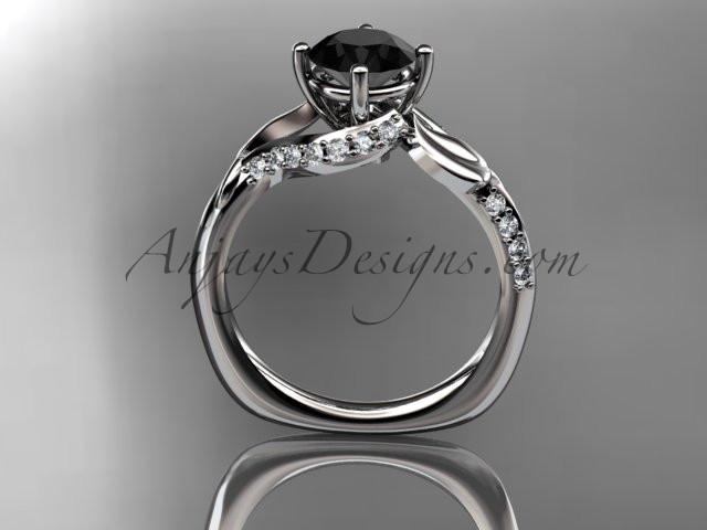 Unique 14k white gold diamond  leaf and vine wedding ring, engagement ring with a Black Diamond center stone ADLR225 - AnjaysDesigns