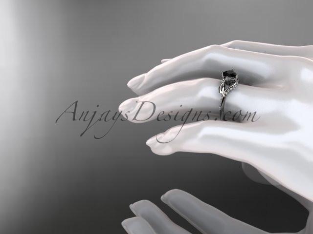 Unique 14k white gold diamond  leaf and vine wedding ring, engagement ring with a Black Diamond center stone ADLR225 - AnjaysDesigns