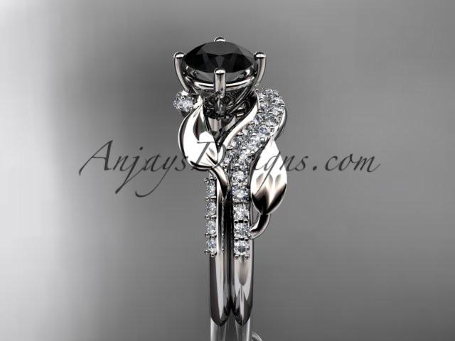 Unique platinum diamond leaf wedding ring, engagement set with a Black Diamond center stone ADLR225S - AnjaysDesigns