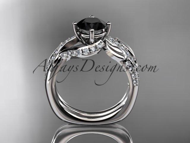Unique 14k white gold diamond leaf wedding ring, engagement set with a Black Diamond center stone ADLR225S - AnjaysDesigns