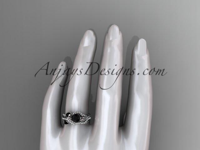 Unique 14k white gold diamond leaf wedding ring, engagement set with a Black Diamond center stone ADLR225S - AnjaysDesigns