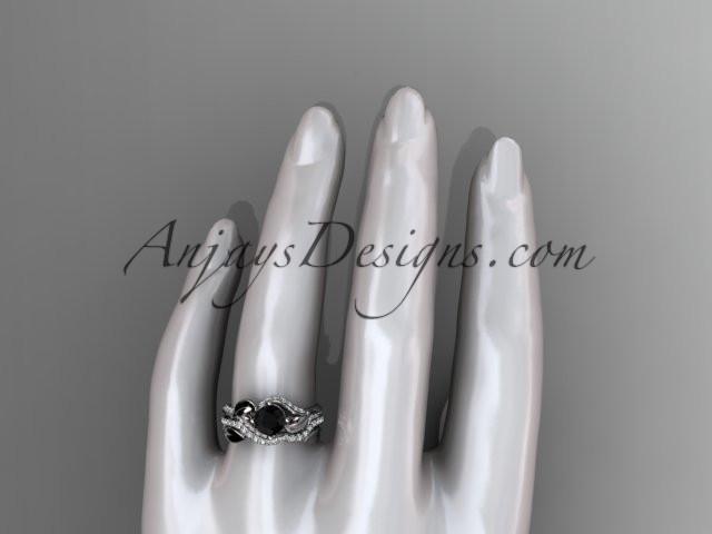 Unique platinum diamond leaf wedding ring, engagement set with a Black Diamond center stone ADLR225S - AnjaysDesigns