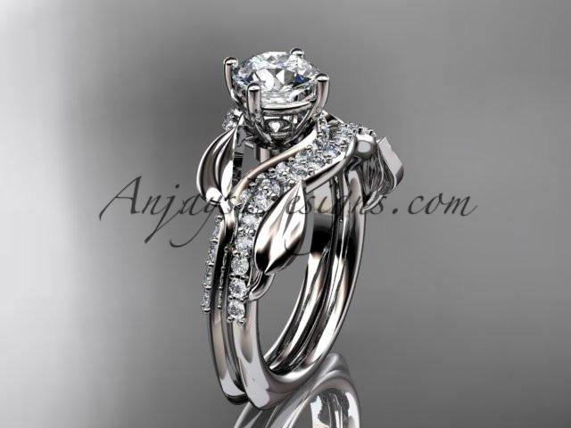 Unique 14k white gold diamond leaf wedding ring, engagement set ADLR225S - AnjaysDesigns