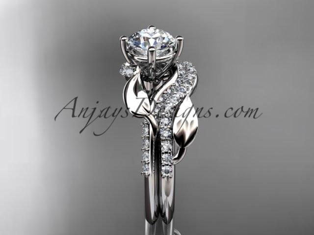Unique platinum diamond leaf wedding ring, engagement set with a "Forever One" Moissanite center stone ADLR225S - AnjaysDesigns