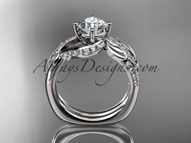 Unique platinum diamond leaf wedding ring, engagement set with a "Forever One" Moissanite center stone ADLR225S - AnjaysDesigns