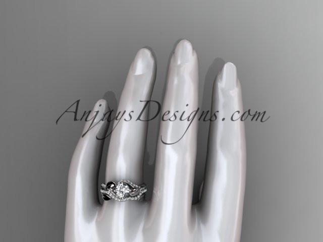 Unique 14k white gold diamond leaf wedding ring, engagement set ADLR225S - AnjaysDesigns
