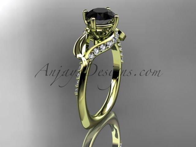 Unique 14k yellow gold diamond leaf and vine wedding ring, engagement ring with a Black Diamond center stone ADLR225 - AnjaysDesigns