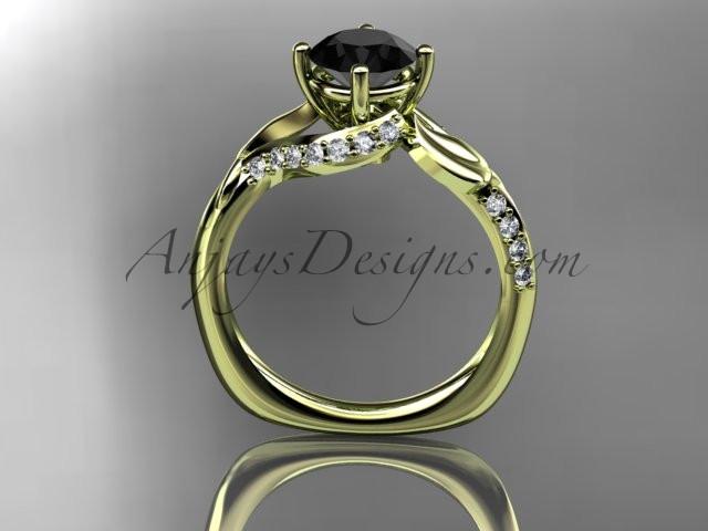 Unique 14k yellow gold diamond leaf and vine wedding ring, engagement ring with a Black Diamond center stone ADLR225 - AnjaysDesigns