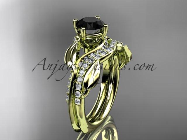Unique 14k yellow gold diamond leaf wedding ring, engagement set with a Black Diamond center stone ADLR225S - AnjaysDesigns