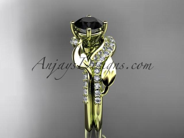 Unique 14k yellow gold diamond leaf wedding ring, engagement set with a Black Diamond center stone ADLR225S - AnjaysDesigns