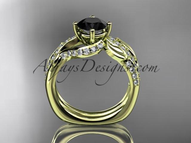 Unique 14k yellow gold diamond leaf wedding ring, engagement set with a Black Diamond center stone ADLR225S - AnjaysDesigns