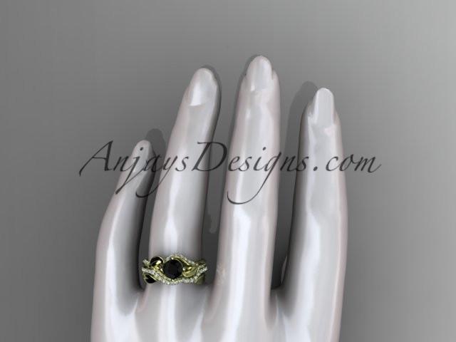 Unique 14k yellow gold diamond leaf wedding ring, engagement set with a Black Diamond center stone ADLR225S - AnjaysDesigns