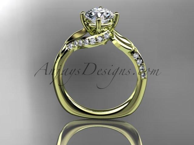 Unique 14k yellow gold diamond leaf and vine wedding ring, engagement ring with a "Forever One" Moissanite center stone ADLR225 - AnjaysDesigns