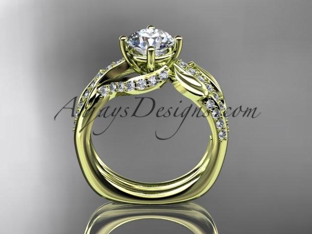 Unique 14k yellow gold diamond leaf wedding ring, engagement set with a "Forever One" Moissanite center stone ADLR225S - AnjaysDesigns