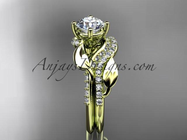 Unique 14k yellow gold diamond leaf wedding ring, engagement set with a "Forever One" Moissanite center stone ADLR225S - AnjaysDesigns