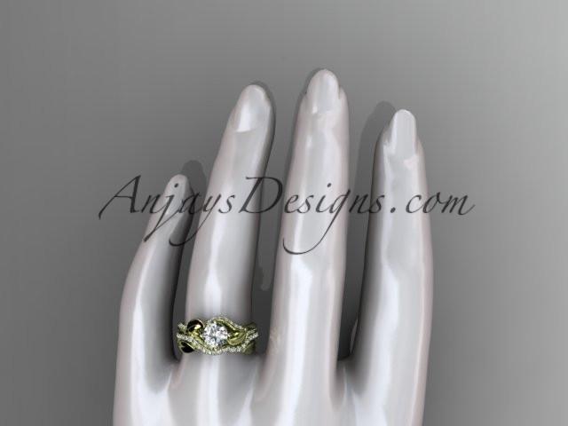 Unique 14k yellow gold diamond leaf wedding ring, engagement set with a "Forever One" Moissanite center stone ADLR225S - AnjaysDesigns