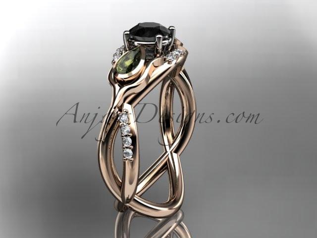 Unique 14kt rose gold diamond tulip flower, leaf and vine engagement ring with a Black Diamond center stone ADLR226 - AnjaysDesigns