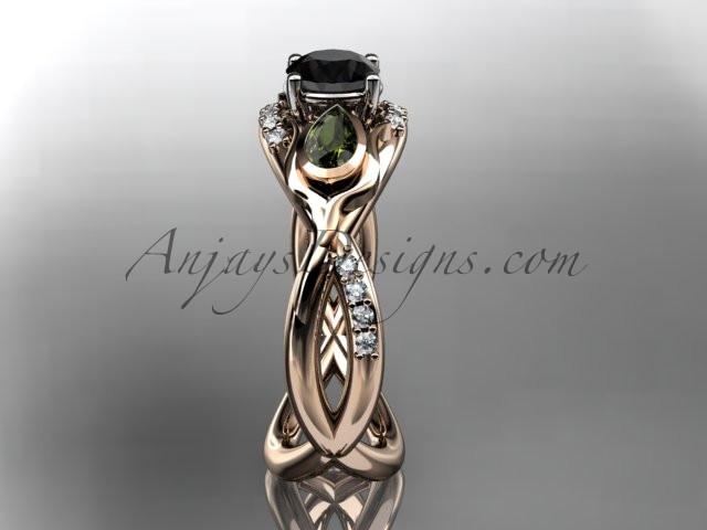 Unique 14kt rose gold diamond tulip flower, leaf and vine engagement ring with a Black Diamond center stone ADLR226 - AnjaysDesigns