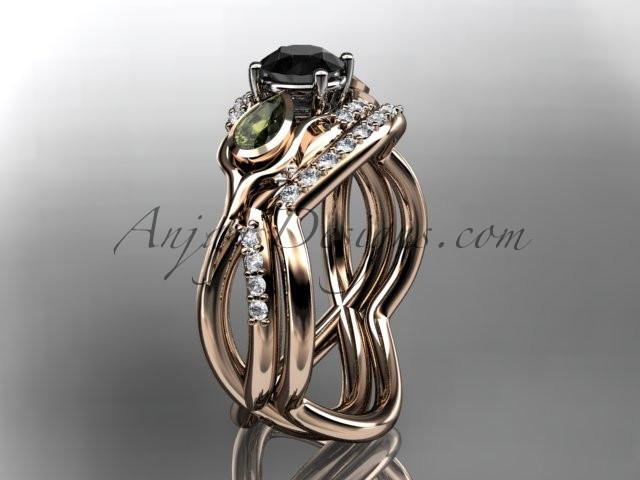 Unique 14kt rose gold diamond tulip flower, wedding set, leaf and vine engagement set with a Black Diamond center stone ADLR226S - AnjaysDesigns