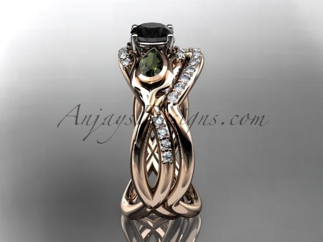 Unique 14kt rose gold diamond tulip flower, wedding set, leaf and vine engagement set with a Black Diamond center stone ADLR226S - AnjaysDesigns