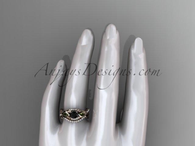 Unique 14kt rose gold diamond tulip flower, wedding set, leaf and vine engagement set with a Black Diamond center stone ADLR226S - AnjaysDesigns