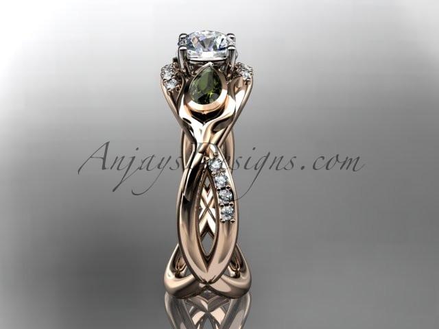 Unique 14kt rose gold diamond tulip flower, leaf and vine engagement ring with a "Forever One" Moissanite center stone ADLR226 - AnjaysDesigns
