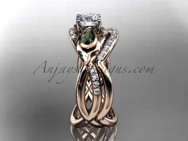 Unique 14kt rose gold diamond tulip flower, wedding set, leaf and vine engagement set with a "Forever One" Moissanite center stone ADLR226S - AnjaysDesigns