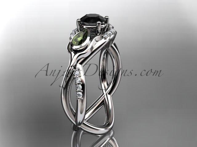 Unique Platinum diamond tulip flower, leaf and vine engagement ring with a Black Diamond center stone ADLR226 - AnjaysDesigns