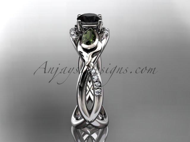 Unique 14kt white gold diamond tulip flower, leaf and vine engagement ring with a Black Diamond center stone ADLR226 - AnjaysDesigns