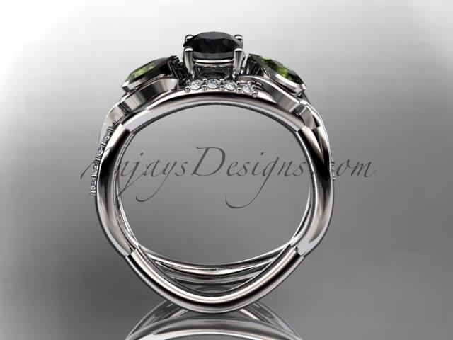 Unique Platinum diamond tulip flower, leaf and vine engagement ring with a Black Diamond center stone ADLR226 - AnjaysDesigns
