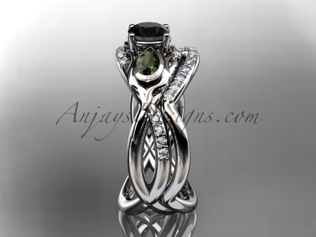 Unique Platinum diamond tulip flower, wedding set, leaf and vine engagement set with a Black Diamond center stone ADLR226S - AnjaysDesigns