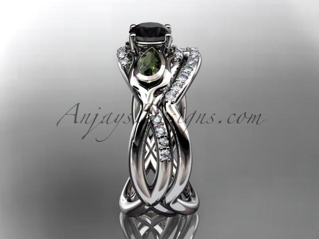 Unique 14kt white gold diamond tulip flower, wedding set, leaf and vine engagement set with a Black Diamond center stone ADLR226S - AnjaysDesigns