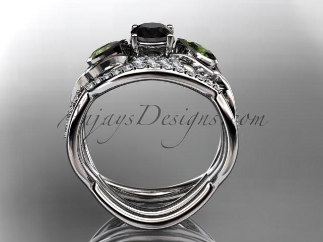 Unique Platinum diamond tulip flower, wedding set, leaf and vine engagement set with a Black Diamond center stone ADLR226S - AnjaysDesigns