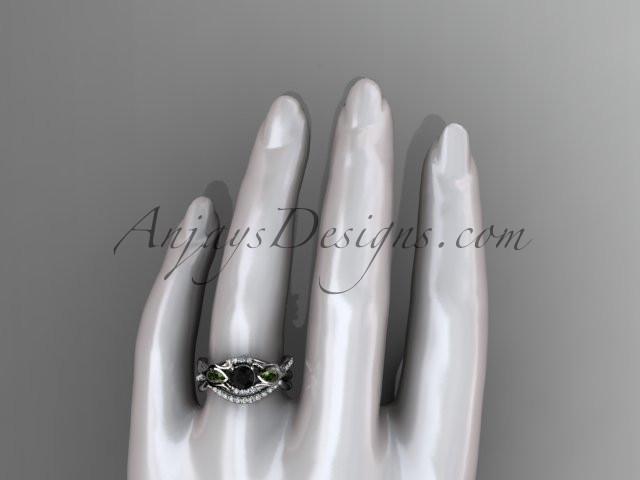 Unique 14kt white gold diamond tulip flower, wedding set, leaf and vine engagement set with a Black Diamond center stone ADLR226S - AnjaysDesigns