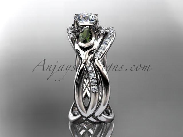 Unique Platinum diamond tulip flower, wedding set, leaf and vine engagement set with a "Forever One" Moissanite center stone ADLR226S - AnjaysDesigns