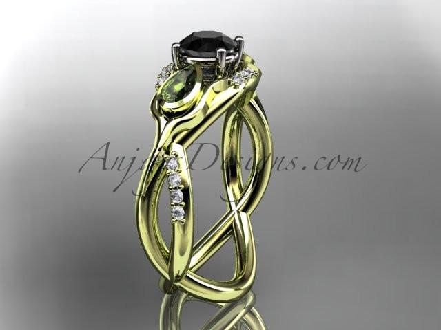 Unique 14kt yellow gold diamond tulip flower, leaf and vine engagement ring with a Black Diamond center stone ADLR226 - AnjaysDesigns