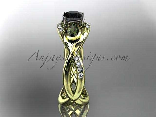 Unique 14kt yellow gold diamond tulip flower, leaf and vine engagement ring with a Black Diamond center stone ADLR226 - AnjaysDesigns