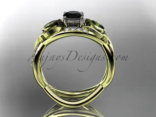 Unique 14kt yellow gold diamond tulip flower, leaf and vine engagement ring with a Black Diamond center stone ADLR226 - AnjaysDesigns
