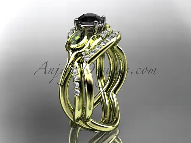 Unique 14kt yellow gold diamond tulip flower, wedding set, leaf and vine engagement set with a Black Diamond center stone ADLR226S - AnjaysDesigns