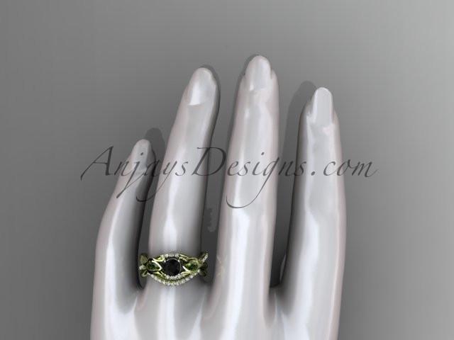 Unique 14kt yellow gold diamond tulip flower, wedding set, leaf and vine engagement set with a Black Diamond center stone ADLR226S - AnjaysDesigns