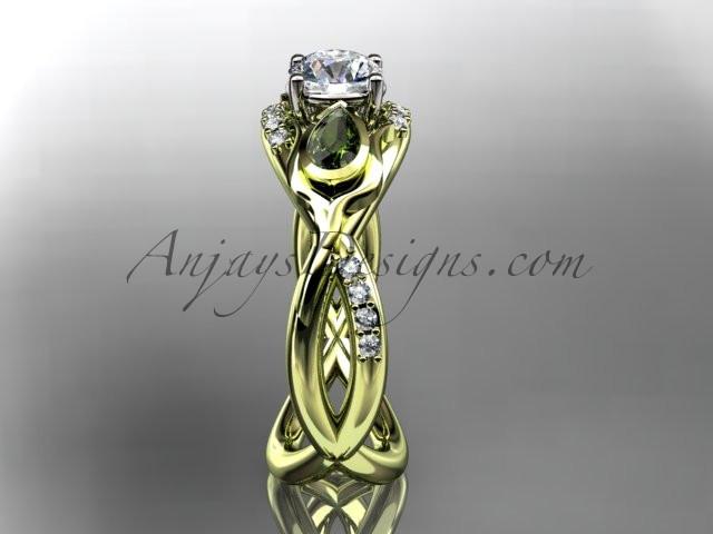 Unique 14kt yellow gold diamond tulip flower, leaf and vine engagement ring with a "Forever One" Moissanite center stone ADLR226 - AnjaysDesigns