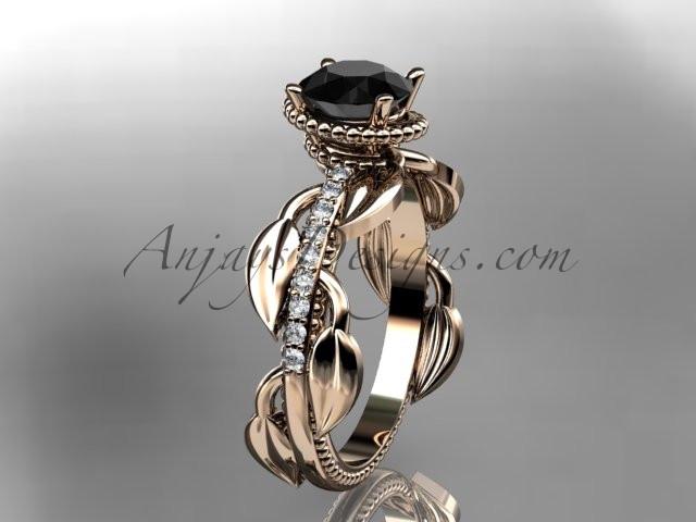 Unique 14k rose gold diamond leaf and vine diamond engagement ring with a Black Diamond center stone ADLR231 - AnjaysDesigns