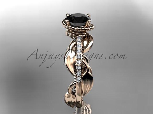 Unique 14k rose gold diamond leaf and vine diamond engagement ring with a Black Diamond center stone ADLR231 - AnjaysDesigns