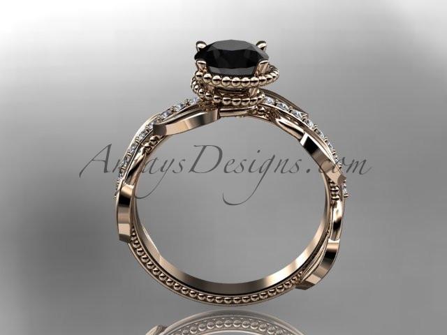 Unique 14k rose gold diamond leaf and vine diamond engagement ring with a Black Diamond center stone ADLR231 - AnjaysDesigns