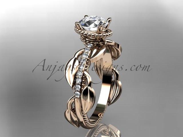 Unique 14k rose gold diamond leaf and vine diamond engagement ring with a "Forever One" Moissanite center stone ADLR231 - AnjaysDesigns