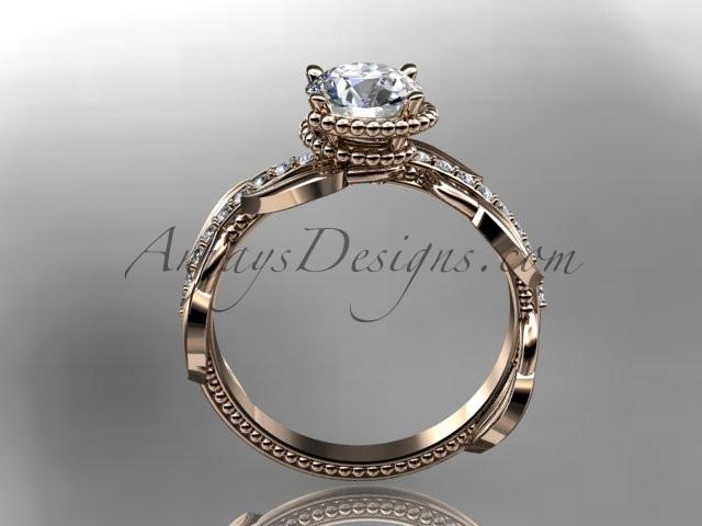 Unique 14k rose gold diamond leaf and vine diamond engagement ring with a "Forever One" Moissanite center stone ADLR231 - AnjaysDesigns