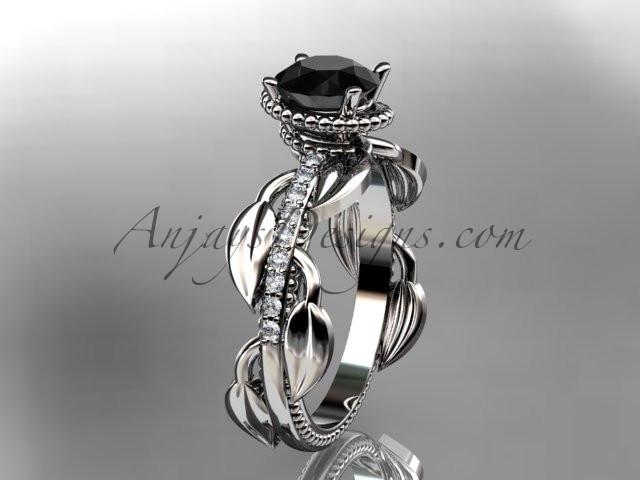 Unique Platinum diamond leaf and vine diamond engagement ring with a Black Diamond center stone ADLR231 - AnjaysDesigns